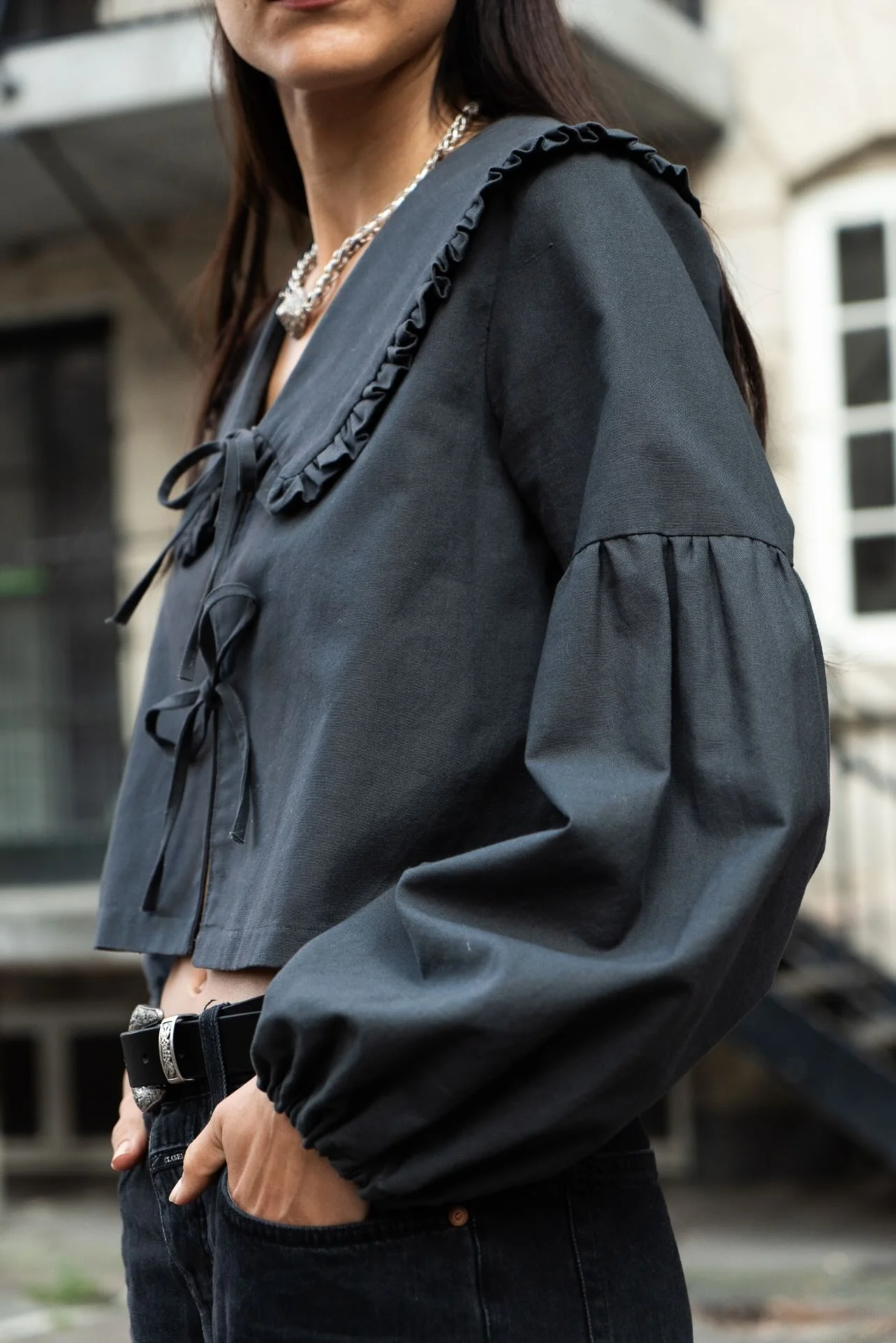 Puff and Pencil Tie Blouse, Lantern Sleeve & Peggy Collar - Image 2